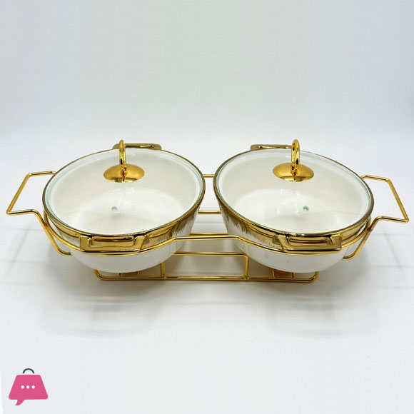 Twin Ceramic Dishes Buffet Dish Set Premium Gold-Plated Stainless Steel Frame Oval