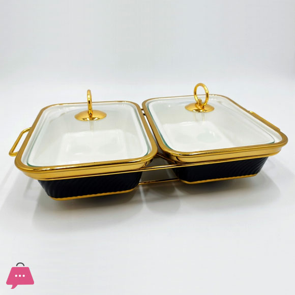 12 Inch Wavy Textured Rectangular Twin Chafing Dish with Glass Lid Gold Stand