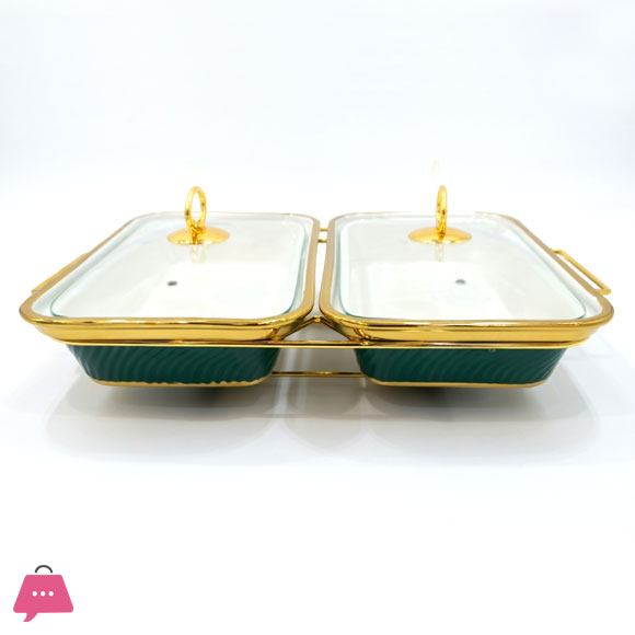 12 Inch Wavy Textured Rectangular Twin Chafing Dish with Glass Lid Gold Stand