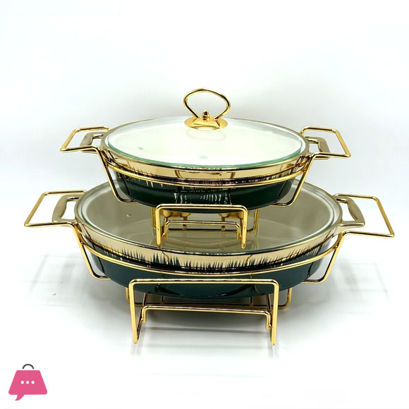 2-Piece Ceramic Buffet Dish Premium Gold-Plated Stainless Steel Frame Oval