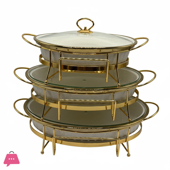 3-Piece Ceramic Dishes Buffet Dish Set Premium Gold-Plated Stainless Steel Frame Oval