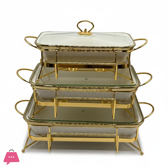 3-Piece Ceramic Dishes Buffet Dish Set Premium Gold-Plated Stainless Steel Frame Rectangle