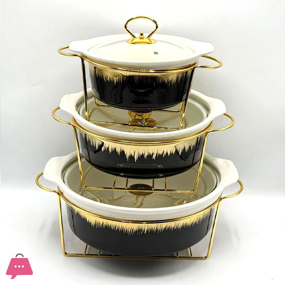 3-Piece Ceramic Dishes Buffet Dish Set Premium Gold-Plated Stainless Steel Frame Round