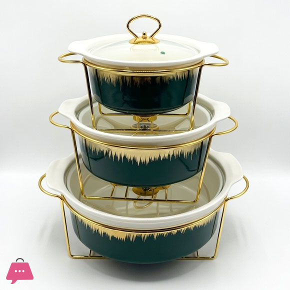 3-Piece Ceramic Dishes Buffet Dish Set Premium Gold-Plated Stainless Steel Frame Round