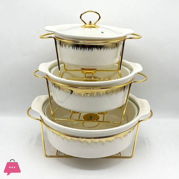 3-Piece Ceramic Dishes Buffet Dish Set Premium Gold-Plated Stainless Steel Frame Round