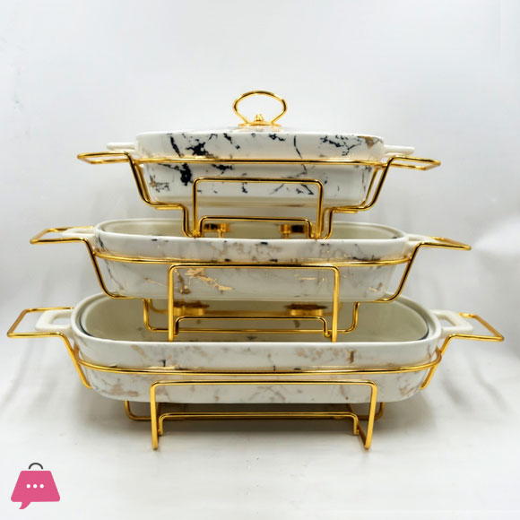 3-Piece Marble Design Ceramic Buffet Dish Premium Gold-Plated Stainless Steel Frame Rectangle