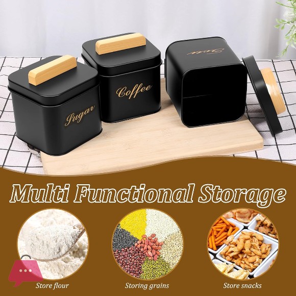 3 Pcs Coffee Tea Sugar Container Set 1200 ml Vintage Set with Bamboo Handle