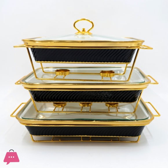 3-Pcs Wavy Textured Ceramic Dishes Buffet Dish with Glass Lid Chafing Dish Elegant Gold Stand
