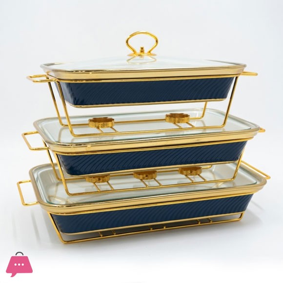 3-Pcs Wavy Textured Ceramic Dishes Buffet Dish with Glass Lid Chafing Dish Elegant Gold Stand