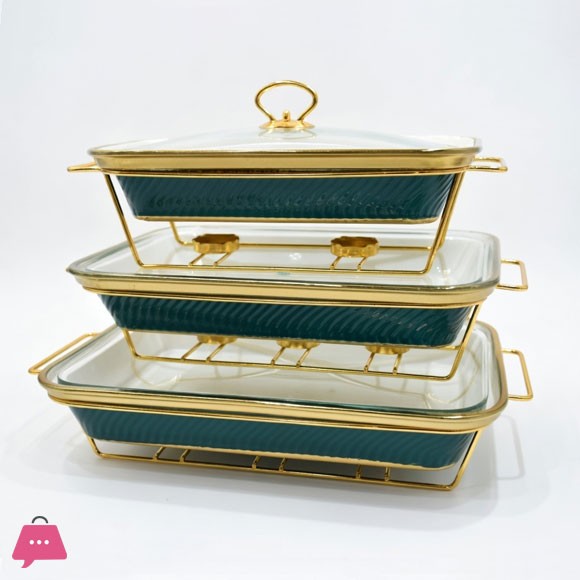 3-Pcs Wavy Textured Ceramic Dishes Buffet Dish with Glass Lid Chafing Dish Elegant Gold Stand