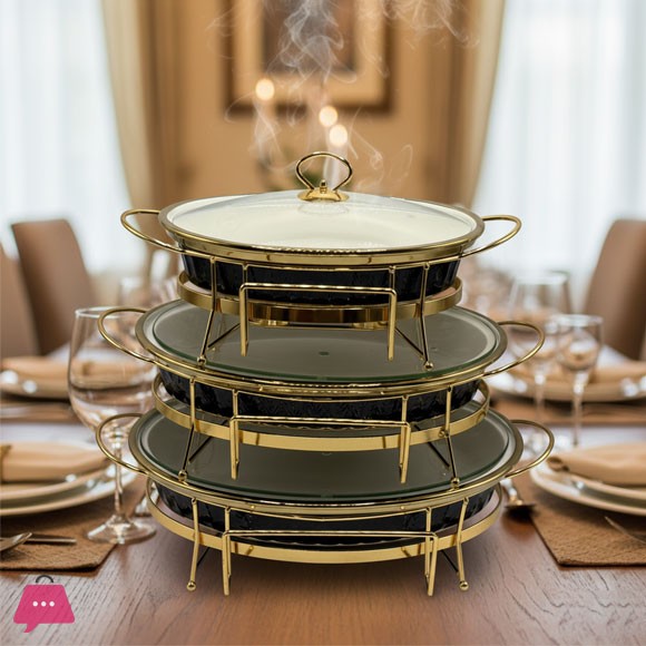 3-Piece Ceramic Dishes Buffet Dish Set Premium Gold-Plated Stainless Steel Frame Oval