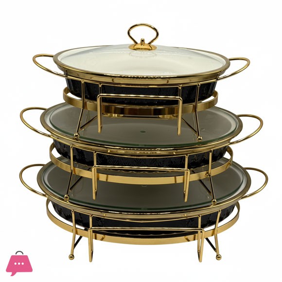 3-Piece Ceramic Dishes Buffet Dish Set Premium Gold-Plated Stainless Steel Frame Oval