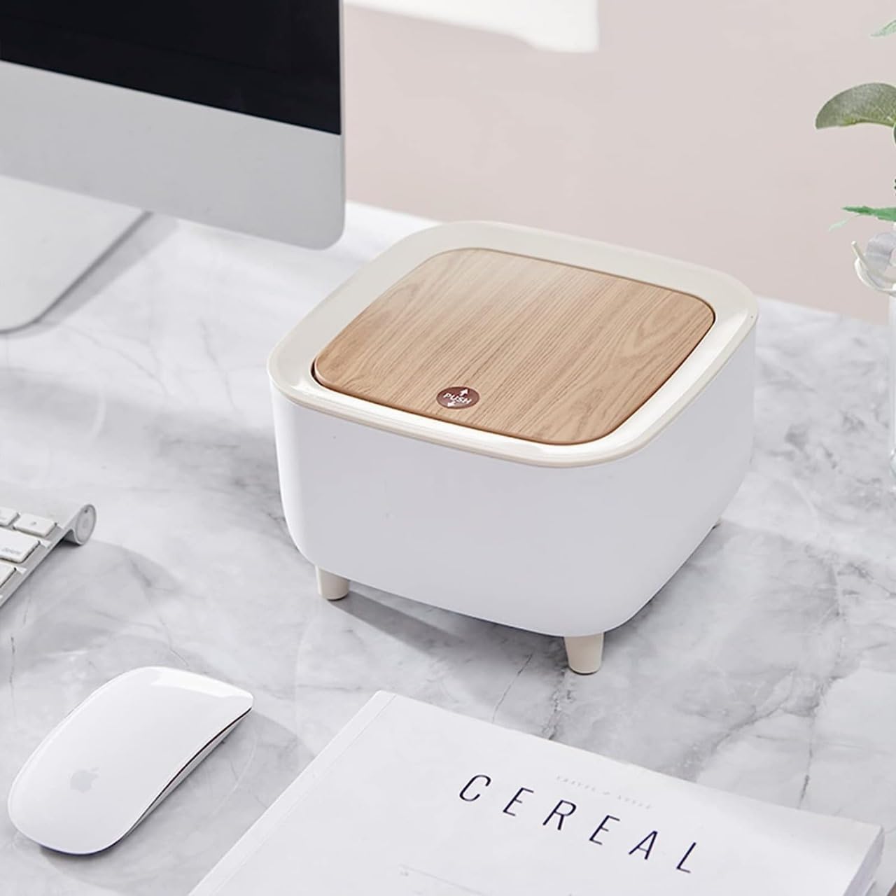 Mini Portable Tabletop Dustbin, Mini Trash Can with Lid Square Press - White