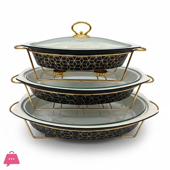 Black & Gold 3-Piece Ceramic Dishes Buffet Dish Premium Gold-Plated Stainless Steel Stand Oval