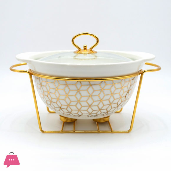 Black & Gold Serving Bowl with Glass Lid Round Chafing Dish Elegant Gold Stand 10.5 Inch
