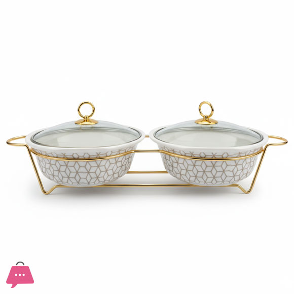 Black & Gold Twin Ceramic Dishes Buffet Dish Premium Gold-Plated Stainless Steel Stnad Rectangle