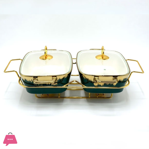 Twin Ceramic Dishes Buffet Dish Set Premium Gold-Plated Stainless Steel Frame Rectangle