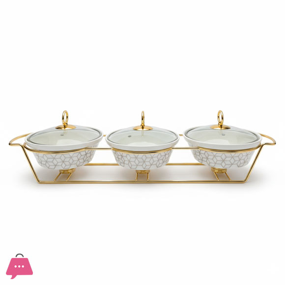 Triple Wavy Ceramic Dishes Buffet Dish Gold-Plated Stainless Steel Stand Oval 9 Inch