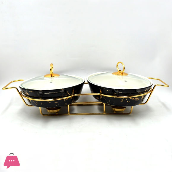 Twin Ceramic Dishes Buffet Dish Set Premium Gold-Plated Stainless Steel Frame Oval