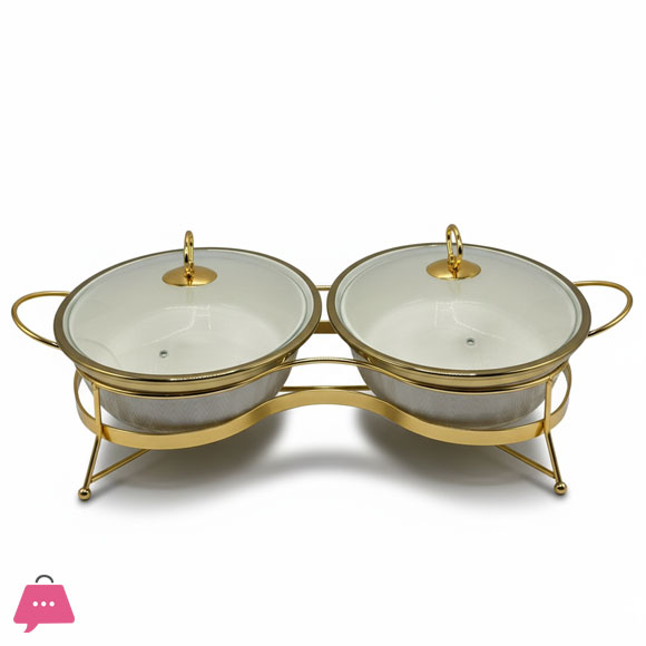Twin Ceramic Dishes Buffet Dish Set Premium Gold-Plated Stainless Steel Frame Oval