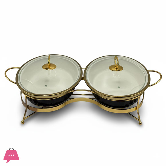 Twin Ceramic Dishes Buffet Dish Set Premium Gold-Plated Stainless Steel Frame Oval