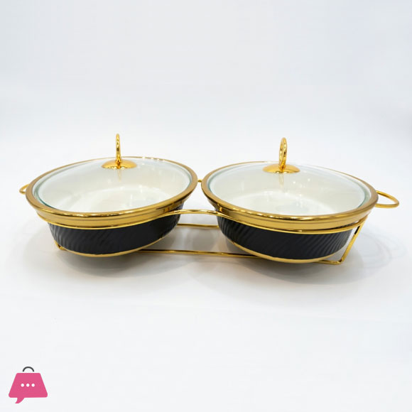 Twin Wavy Ceramic Dishes Buffet Dish Gold-Plated Stainless Steel Stand Oval 12 Inch