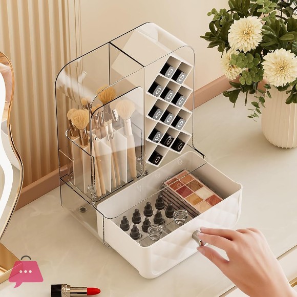 Bathroom Cosmetic Organizer with Dust Cover | Acrylic Makeup Storage Box with Lipstick Holder & Brush Compartments | Vanity Countertop Organizer, Black
