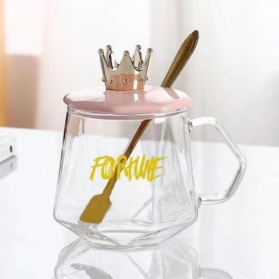 Golden Crown Shape Mug Tea-Coffee Mug Glass Cup with Handle, Stainless Steel Spoon