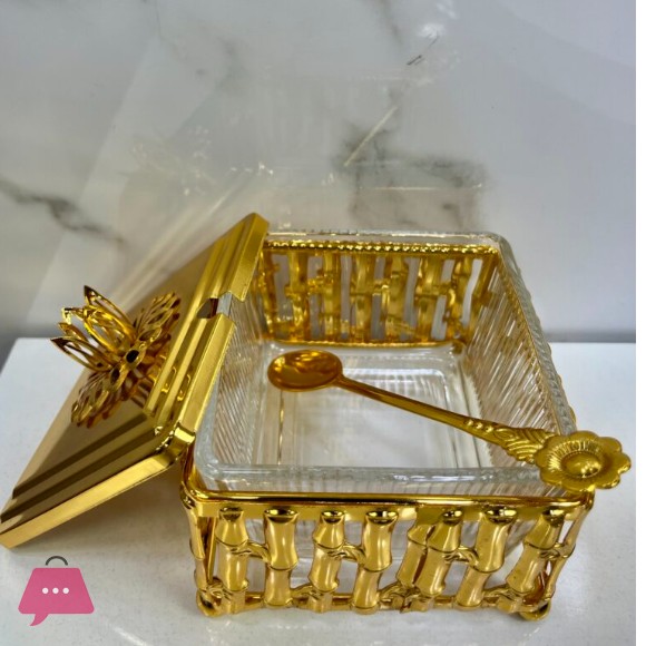 Gold-Colored Sugar Pot Glass Bowl inside with Metal Stand