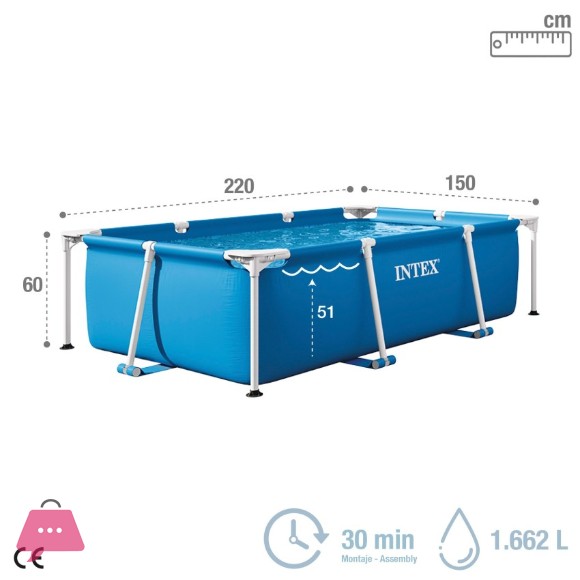 Intex Rectangular Frame Pool, Blue - 7.21 x 4.92 x 2 Feet - 28270
