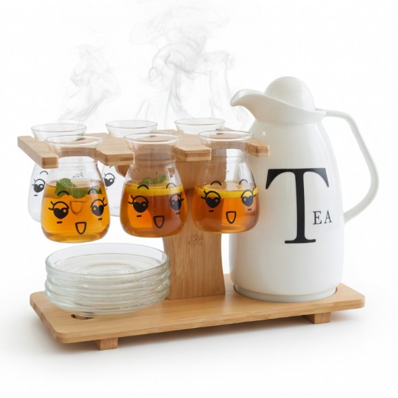 15-piece Porcelain Tea Set with 6 Emoji Glass Cups & Saucers with Stand