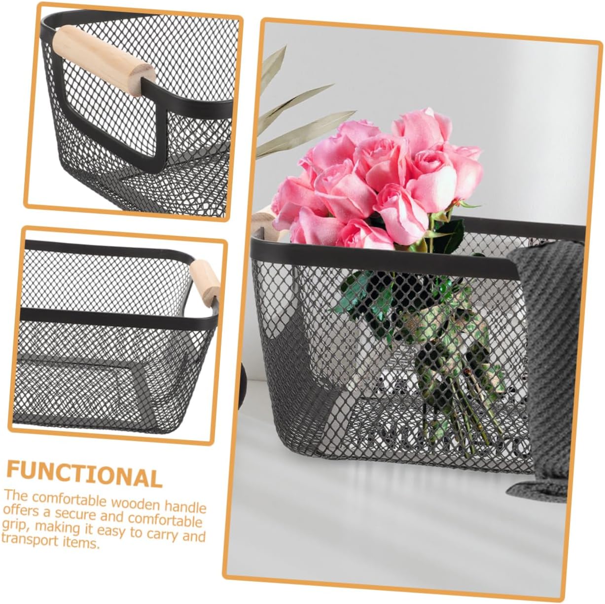 Metal Mesh Storage Basket with Wooden Handles – Set of 3