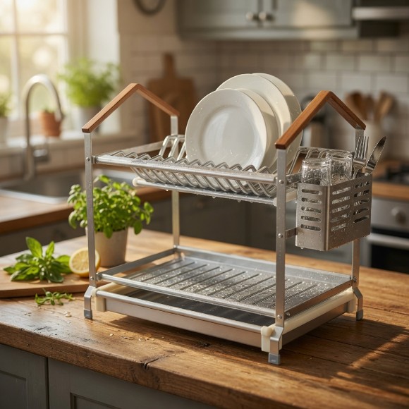2-Tier Aluminium Dish Rack with Wooden Handles