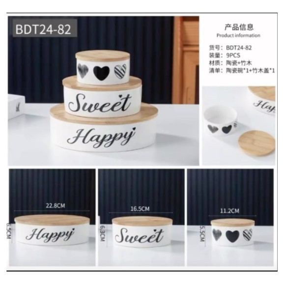 3 Piece Ceramic Bowls with Bamboo Lids