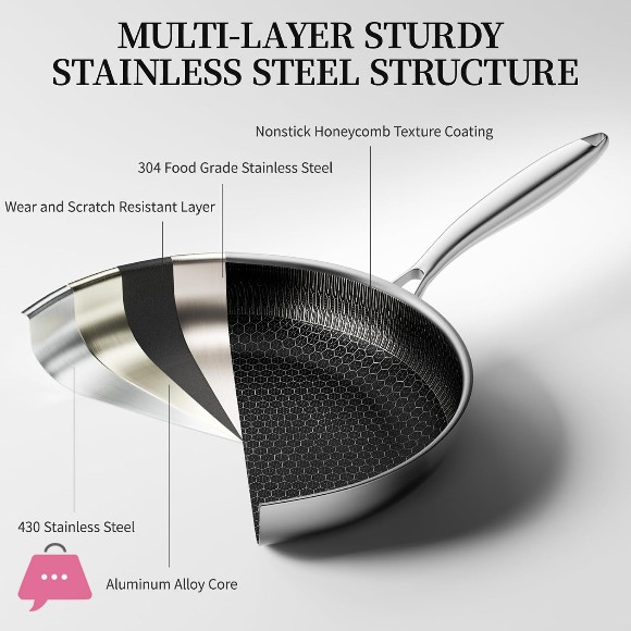 304 Stainless Steel Honeycomb Laser Coated Non-stick Frying Pan with Lid Induction Safe