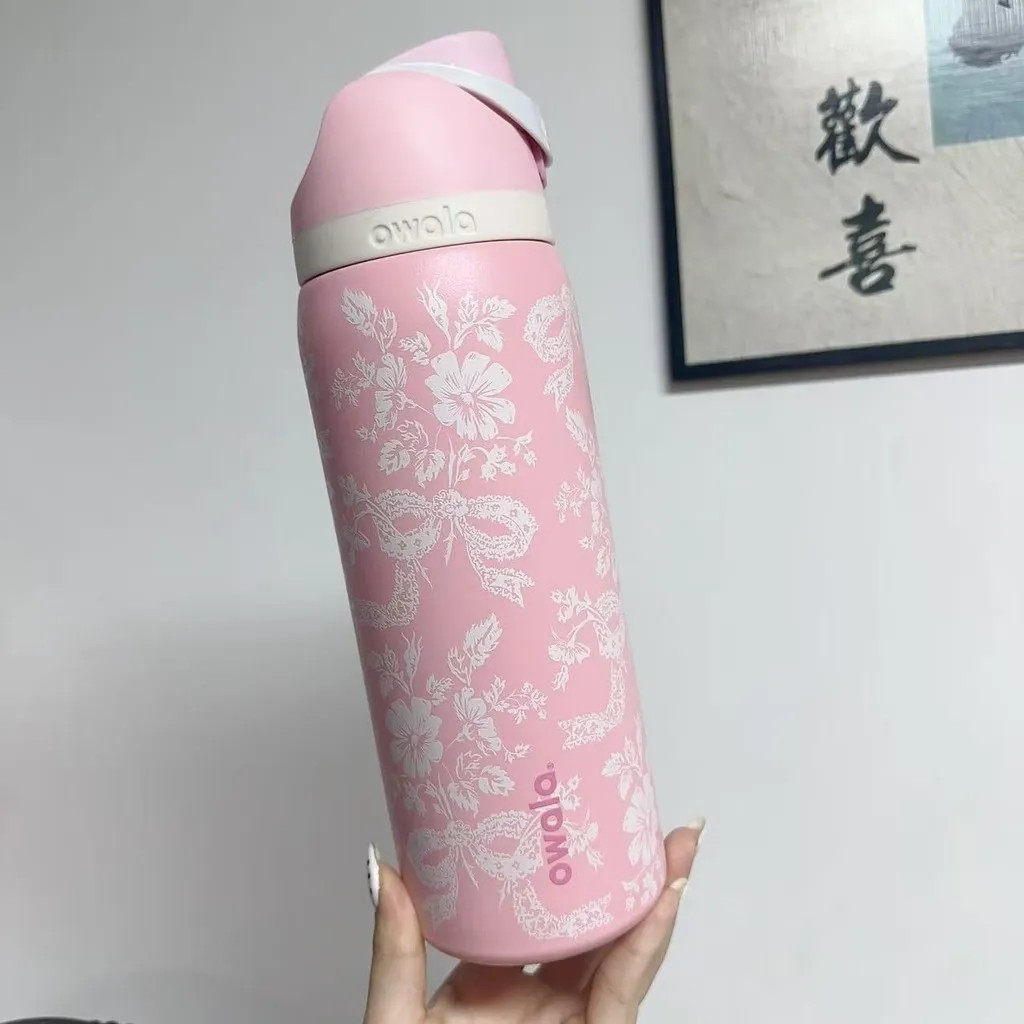 32oz-owala-freesip-&times;-uo-limited-edition-ribbon-toile-pink-lace-design-owala-cup-with-straw-insulated-stainless-steel-thermos-cup-water-bottle-for-travel-bpa-free-sports