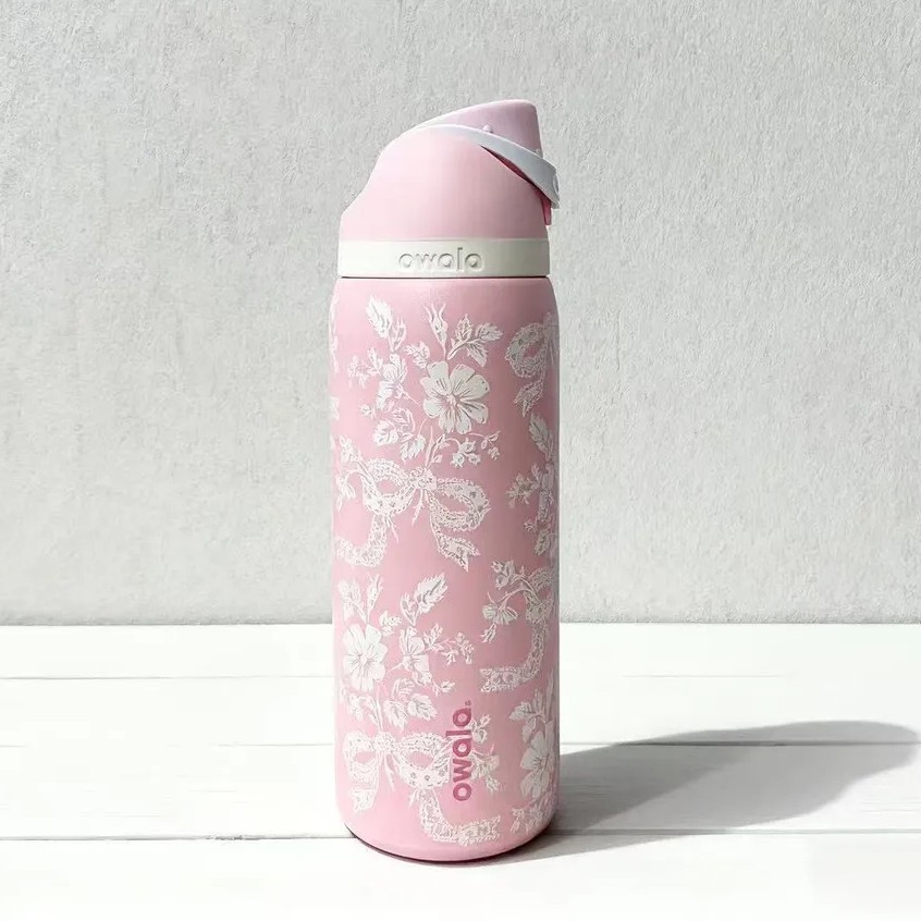 32oz-owala-freesip-&times;-uo-limited-edition-ribbon-toile-pink-lace-design-owala-cup-with-straw-insulated-stainless-steel-thermos-cup-water-bottle-for-travel-bpa-free-sports