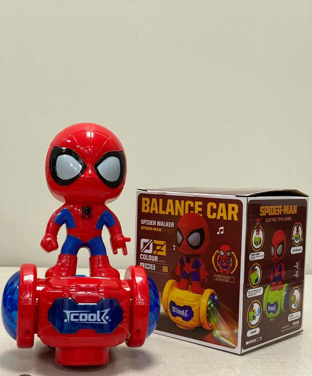Spider Man Balance Car Spray 3D Lights Rotated Dancing figure with sound effects For Children