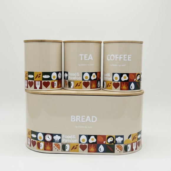 4-Piece kitchen Storage Bread Box and Canisters for Tea Coffee and Sugar,