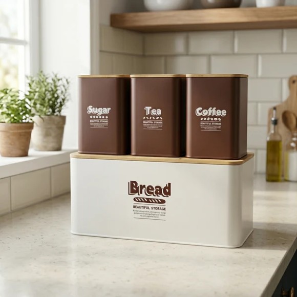 4-Piece Metal Bread Box Set with Bamboo Cutting Board Lid
