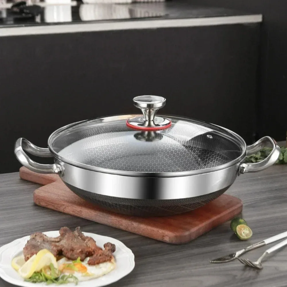 304 Stainless Steel Honeycomb Laser Coated Non-stick Wok with lid Induction Cooker Gas Stove Universal Wok