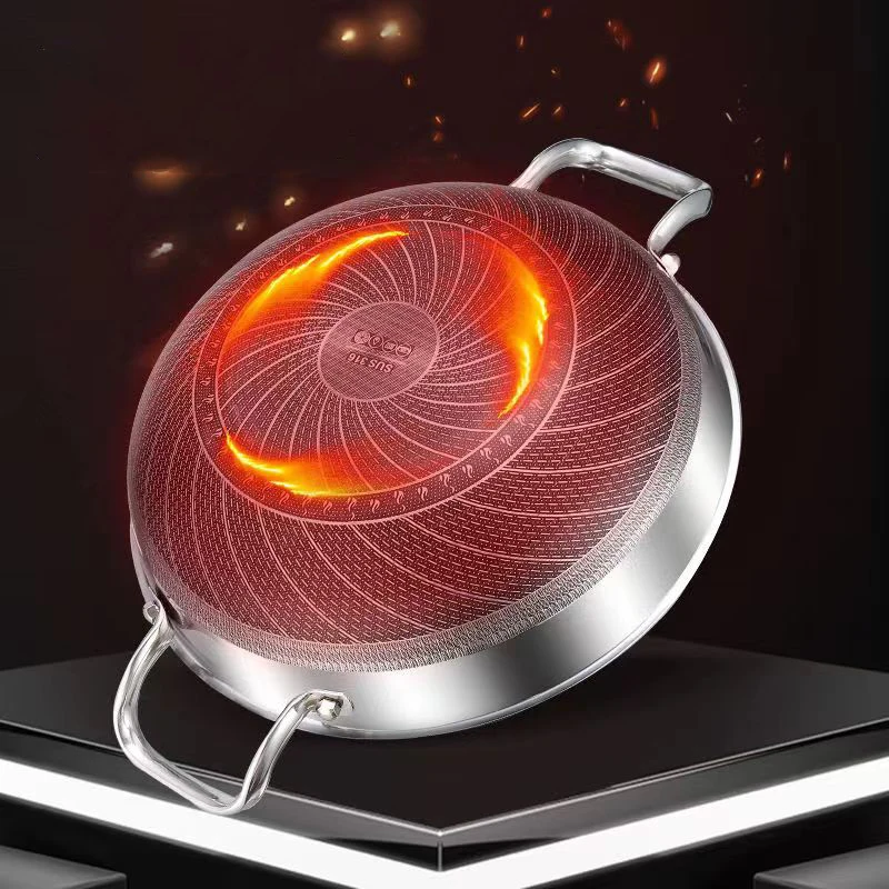 304 Stainless Steel Honeycomb Laser Coated Non-stick Wok with lid Induction Cooker Gas Stove Universal Wok