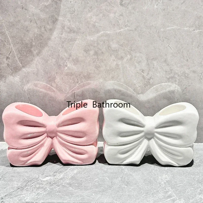 Ceramic Bow Holder Toothbrush Toothpaste Brush Holder