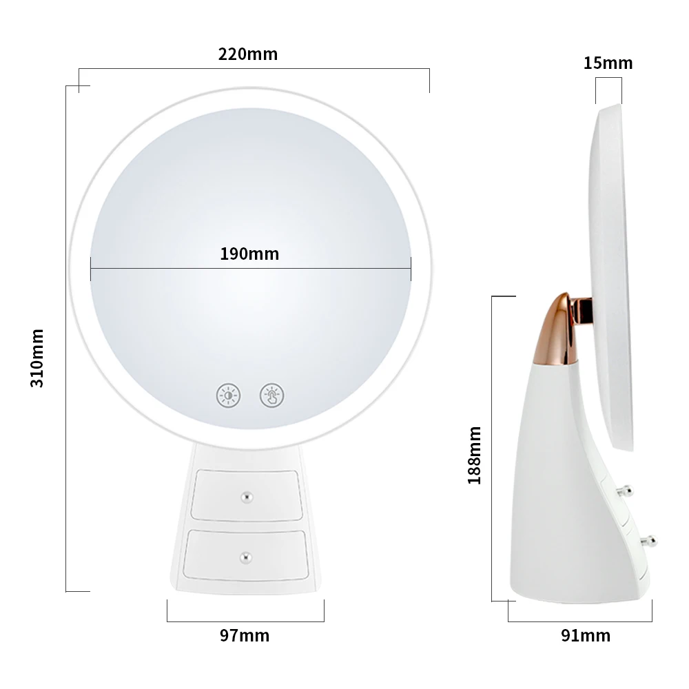 Best Lighted Makeup Mirror Touchscreen Rechargeable Led Vanity Mirror Table Round Mirror With Small Storage Drawer