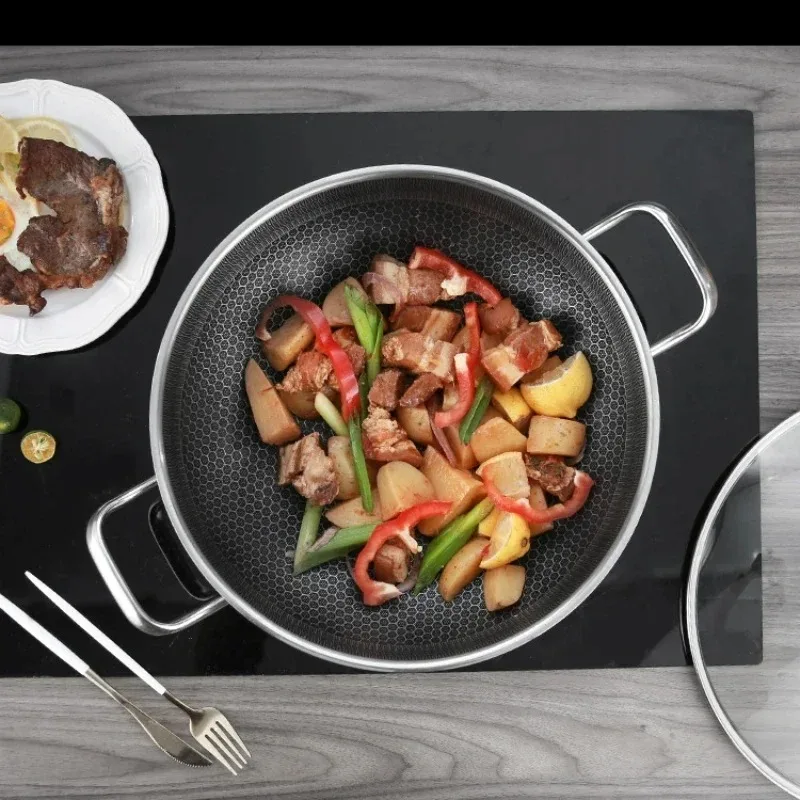304 Stainless Steel Honeycomb Laser Coated Non-stick Wok with lid Induction Cooker Gas Stove Universal Wok