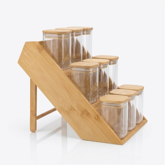 Bamboo Spice Jar with 3 tiers Stand 9 Pcs