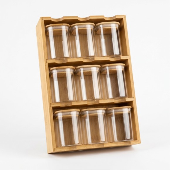 Bamboo Spice Jar with 3 tiers Stand 9 Pcs
