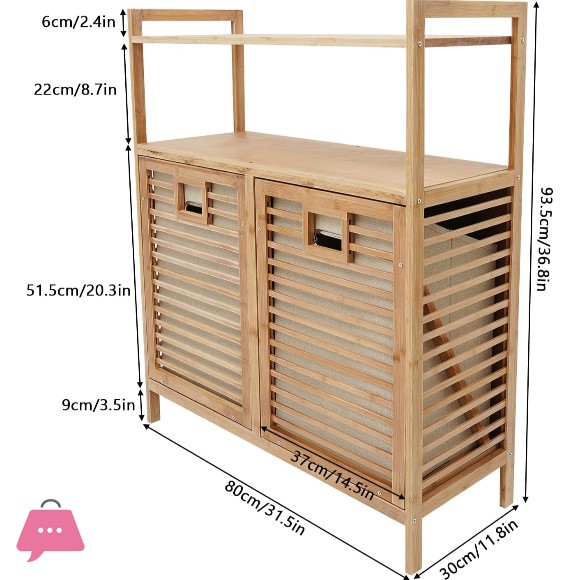 Bamboo Two Laundry Hamper Cabinet with Shelves & Tilt Out Basket Organizer for Laundry Room