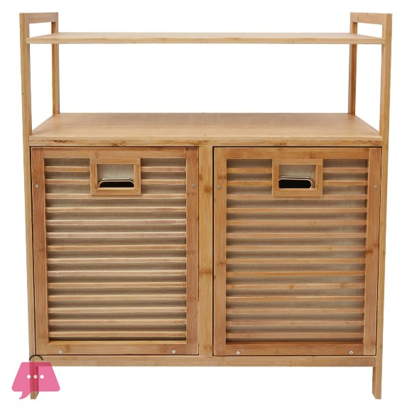Bamboo Two Laundry Hamper Cabinet with Shelves & Tilt Out Basket Organizer for Laundry Room
