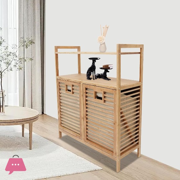 Bamboo Two Laundry Hamper Cabinet with Shelves & Tilt Out Basket Organizer for Laundry Room